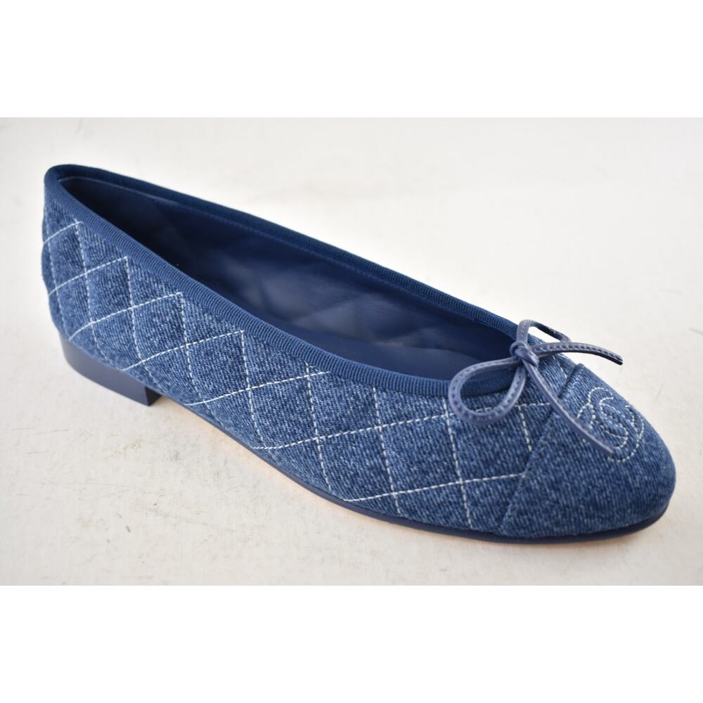 Chanel 26P Washed Denim Blue Quilted CC Logo Bow Tie Ballet Ballerina Flat 37.5 - Picture 6 of 16